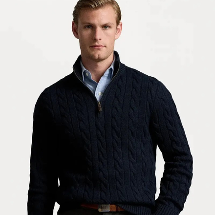 Zopfstrick - Baumwollpullover mit Viertelreißverschluss