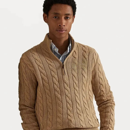 Zopfstrick - Baumwollpullover mit Viertelreißverschluss