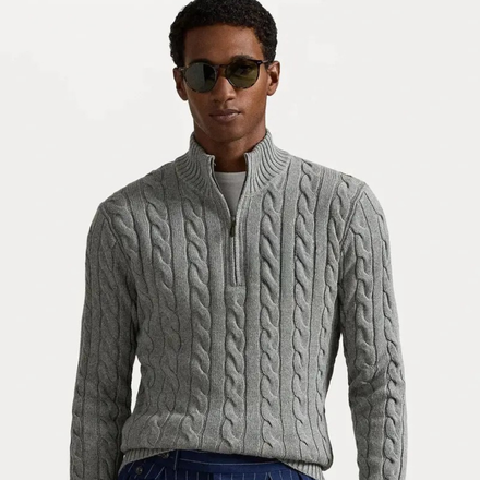 Zopfstrick - Baumwollpullover mit Viertelreißverschluss